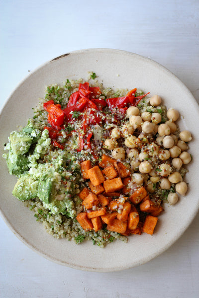 Meditterranean Salad with Sweet Potato Croutons