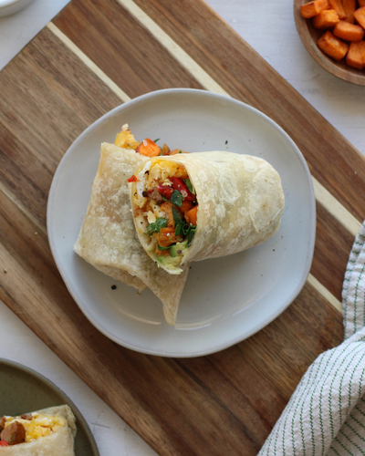 Breakfast Burrito with Sweet Potato Croutons