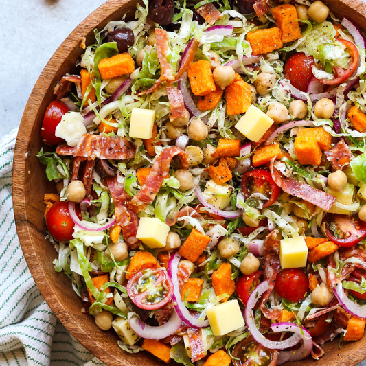 Brussel Sprout Antipasto Salad with Sweet Potato Croutons