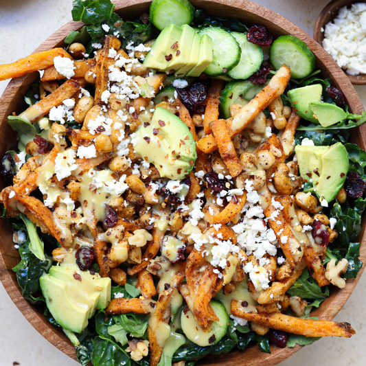 Kale Salad with Sweet Potato Fries