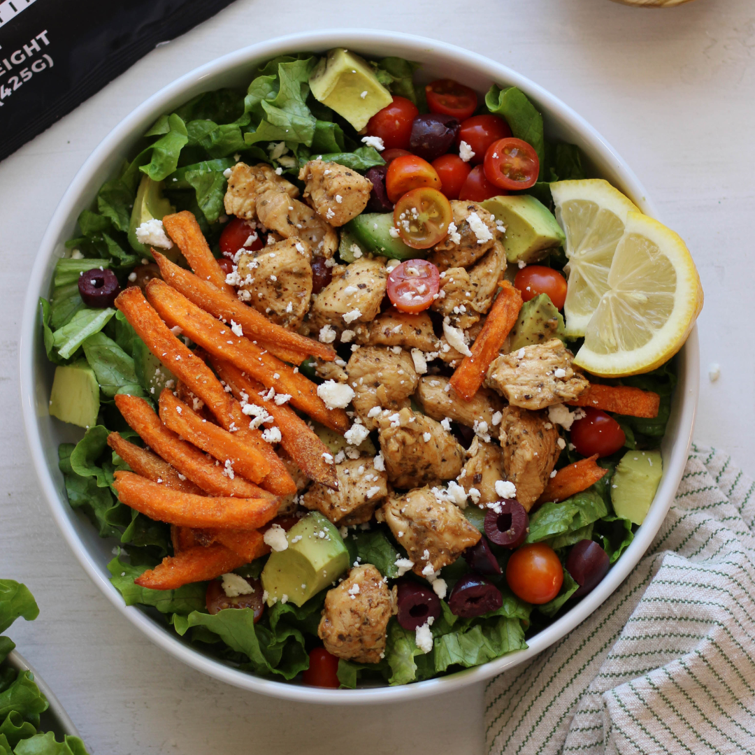 Greek Salad with Sweet Potato Fries and Feta Pesto