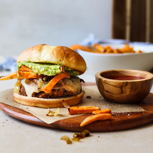 Quinoa Burgers Stuffed with our Sweet Potato Fries