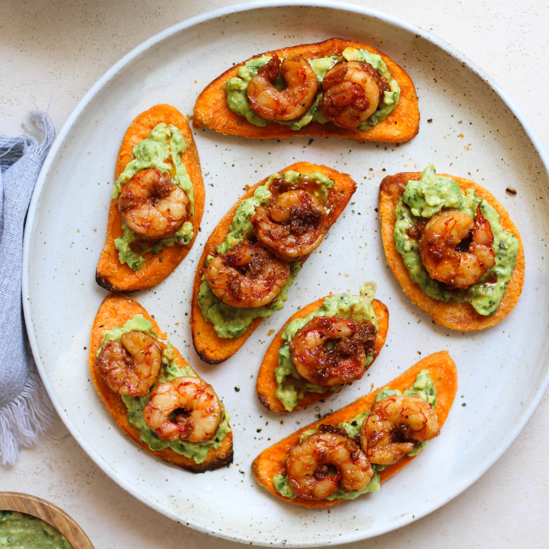 Garlic Shrimp Avocado Sweet Potato Toasts