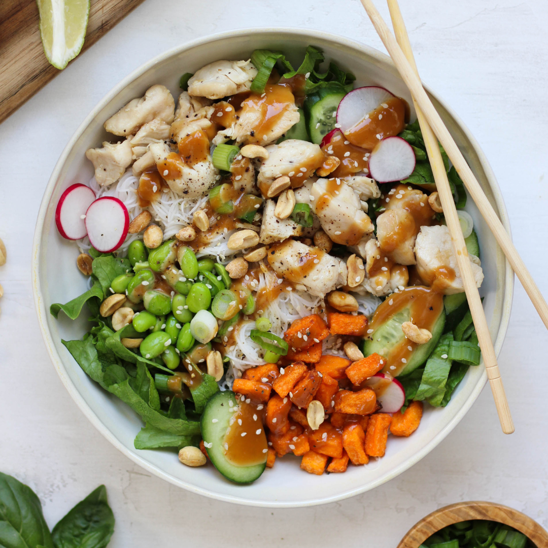 Spring Roll Bowl with Sweet Potato Croutons