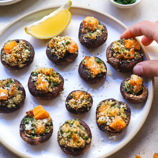 Stuffed Mushrooms with Sweet Potato Croutons