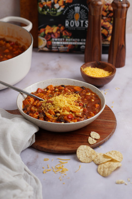 Easy Vegetarian Chili with Sweet Potato Croutons