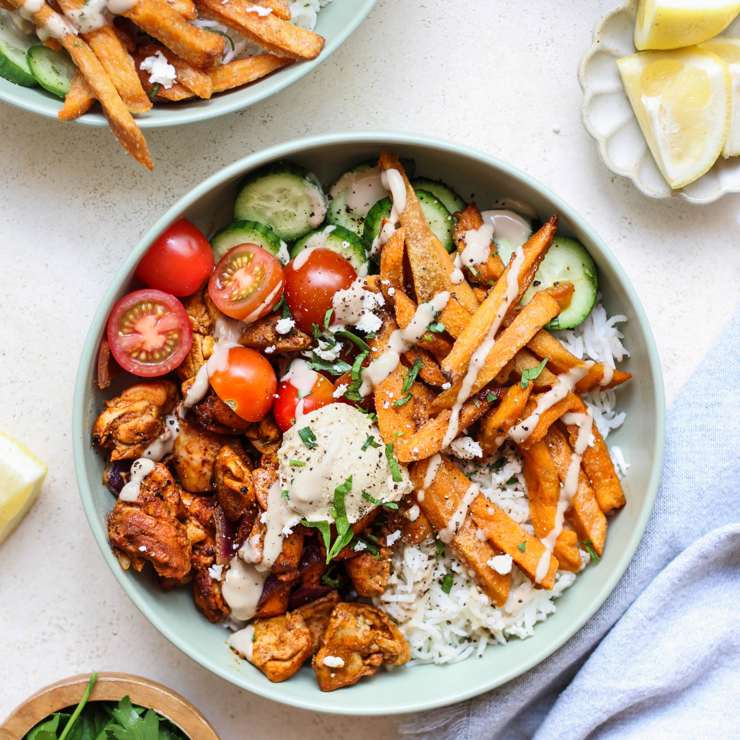 Chicken Shawarma Bowls with Sweet Potato Fries