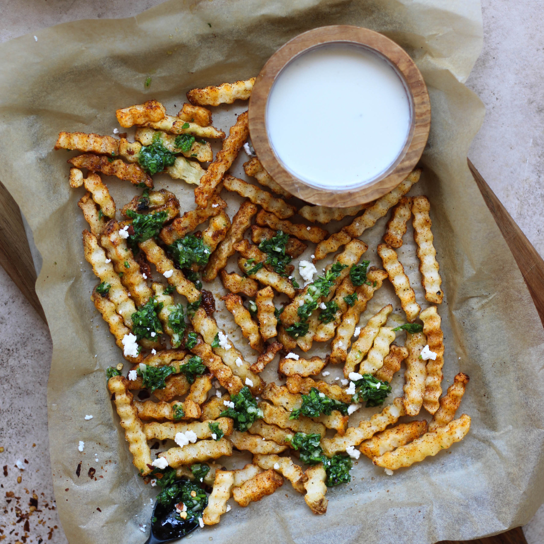 Chimichurri Crinkle Cut Fries with Whipped Feta Sauce